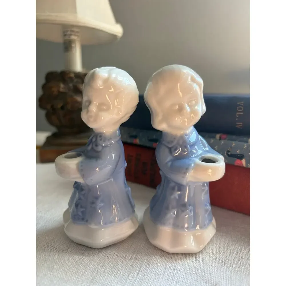 Vintage 1960s blue and white porcelain birthday candle holders figurines